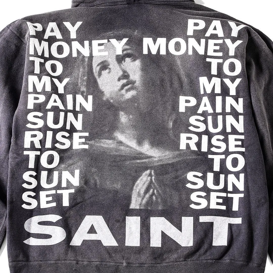 SAINT Mxxxxxx × PAY MONEY TO MY PAIN PTP_HOODIE/BRAND MONEY/BLK Co-branded PTP Virgin Mary dollar hoodie Washed black S-XL Assute dyeing The whole piece is sprayed with horse fade Mold customization joint main mark/washed mark Factory four-needle and six-thread workmanship No bone seams More comfortable to wear Repeated modification of proofing Authentic grade crack printing VINTAGE value is full